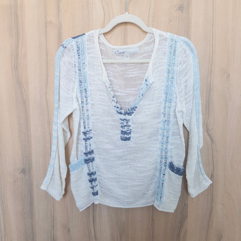 Curio New York Womens Open Knit Sweater Small White Blue Coastal Boho Beachy